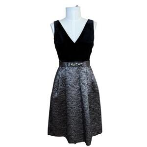 Rickie Freeman for TERI JON Velvet Black and Silver Midi Dress Women's Sz 8